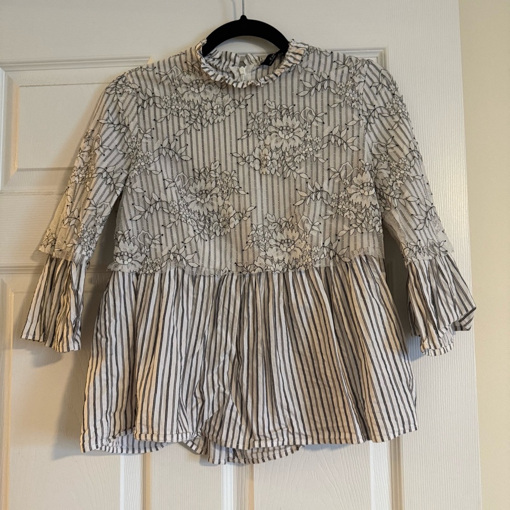 Zara Sheer Striped Floral Lace Embroidered Top Ruffle Collar Bell Sleeves XS